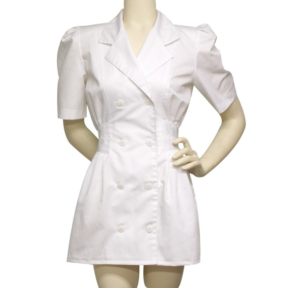 Vintage 1980s Nurse Uniform White Dress Sz S