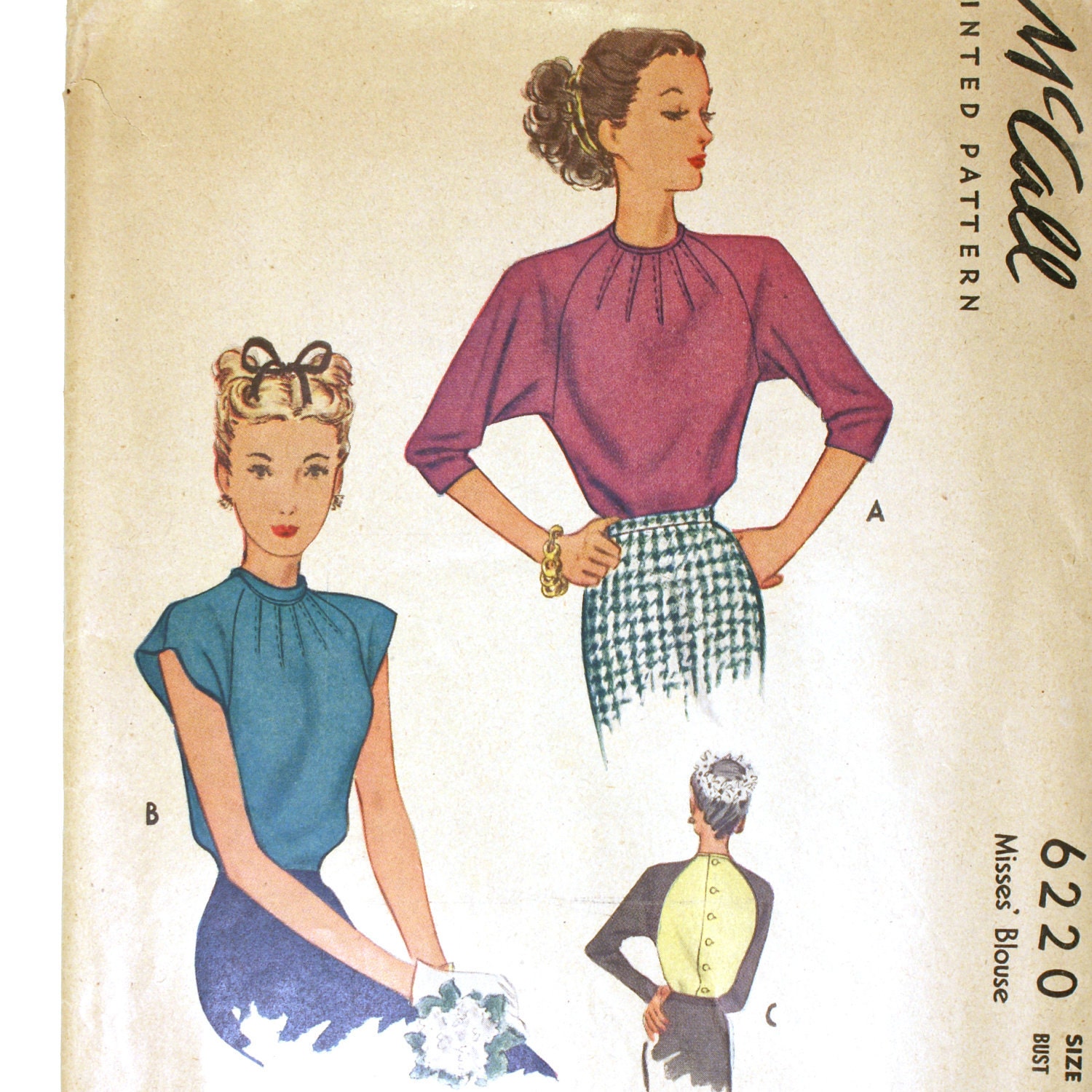 1940s Blouse Pattern Back Buttoned Bust 30 by CraftyAnnesArtistry