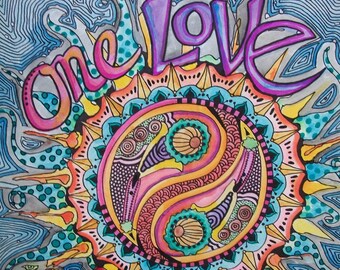 One Love, Singleton Art, Hippie Art Original, Love Mandala, Yin yang, yen yang, zen mandala, Love Art, Hippie love art, word art, wall decor