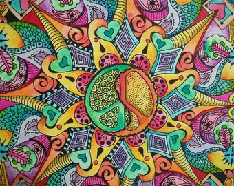 Psychedelic Hippie Mandala, Together We Make Peace, yin yang peace sign, Singleton Art Original Mandala
