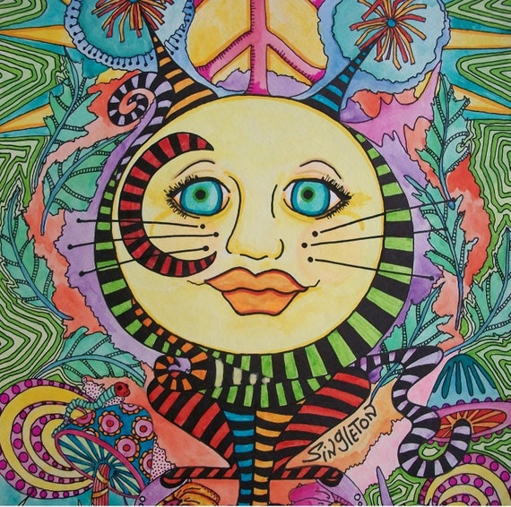 Items similar to Cat Moon, Singleton Hippie Art, psychedlic cat ...