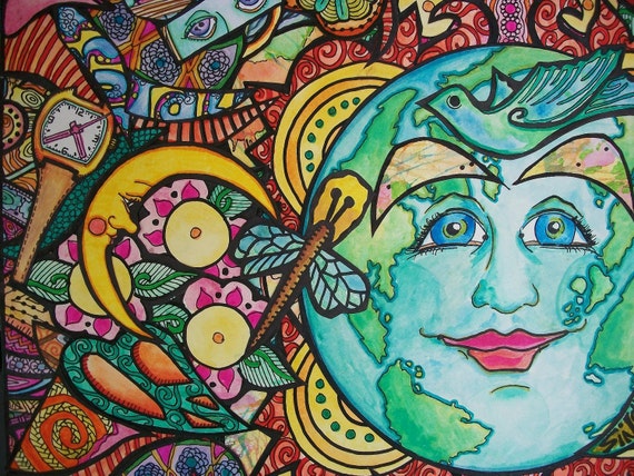 Items similar to Mother Earth Unplugged, Singleton Hippie art, Earth ...