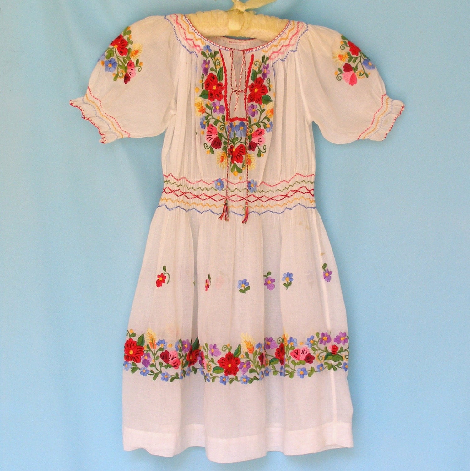 Antique 1920s Child's Hungarian Peasant Dress. Sheer