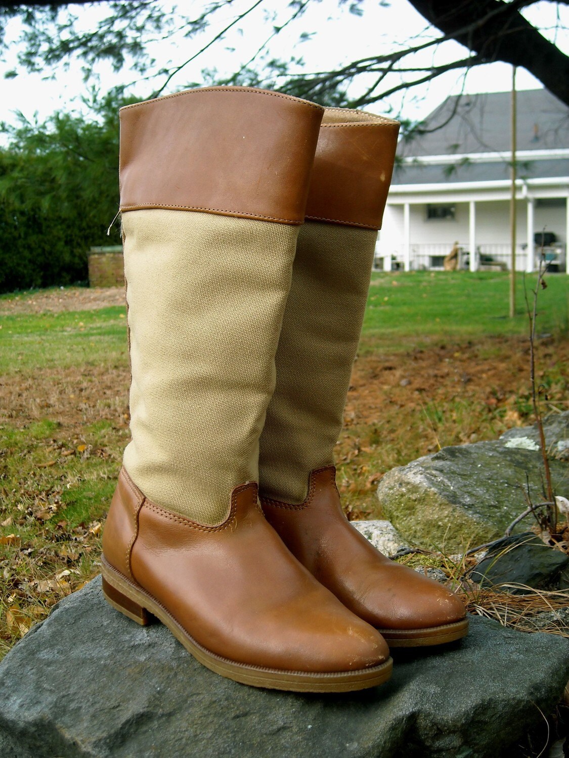 LL Bean Tan Leather Natural Canvas Riding Boots Size 9 US