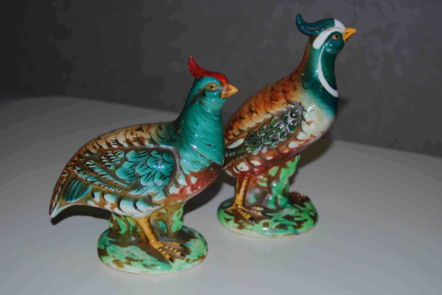 Pair of Colorful Ceramic Quail Figurines