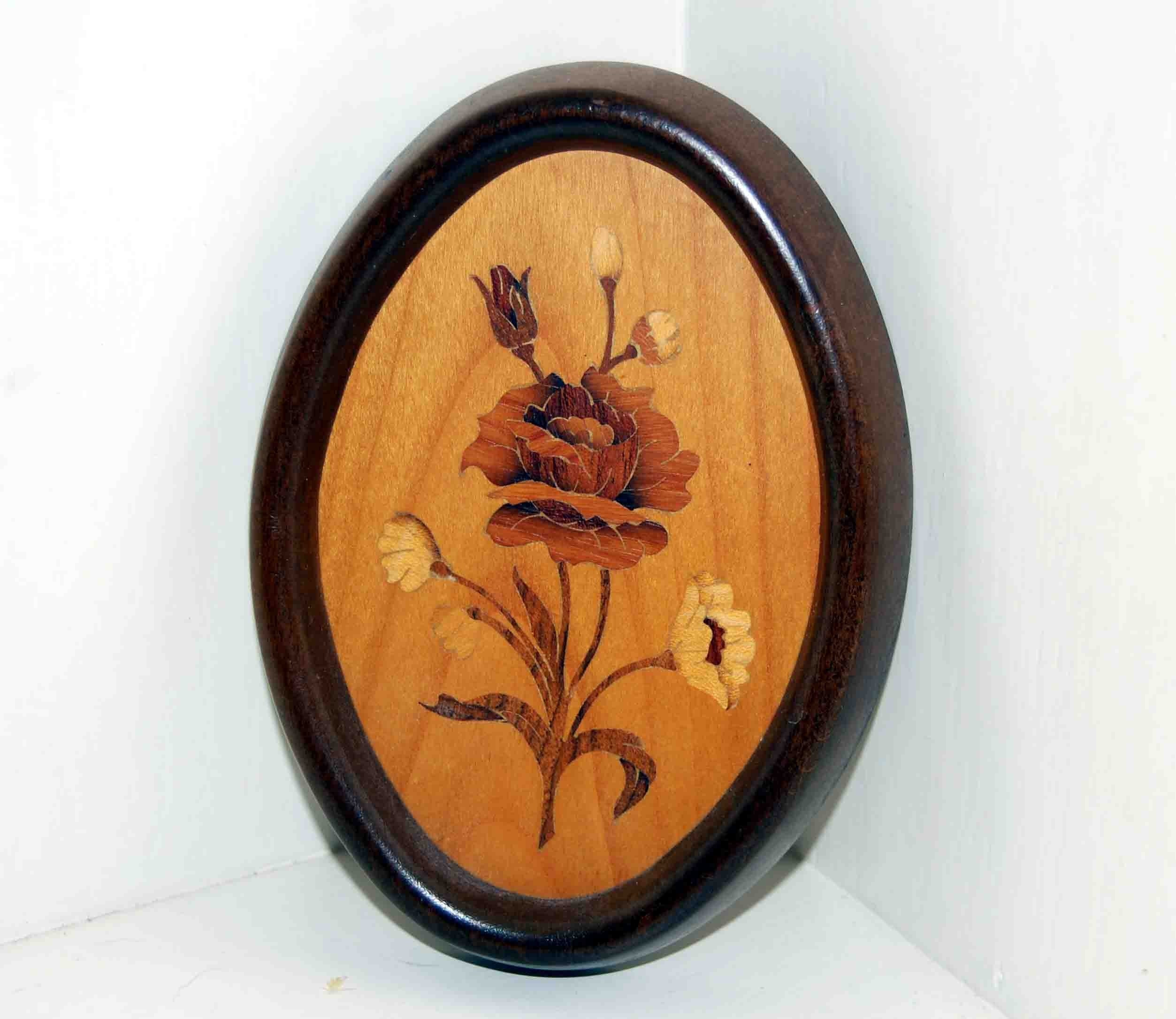 Framed Oval Marquetry Picture Of Flower And Buds