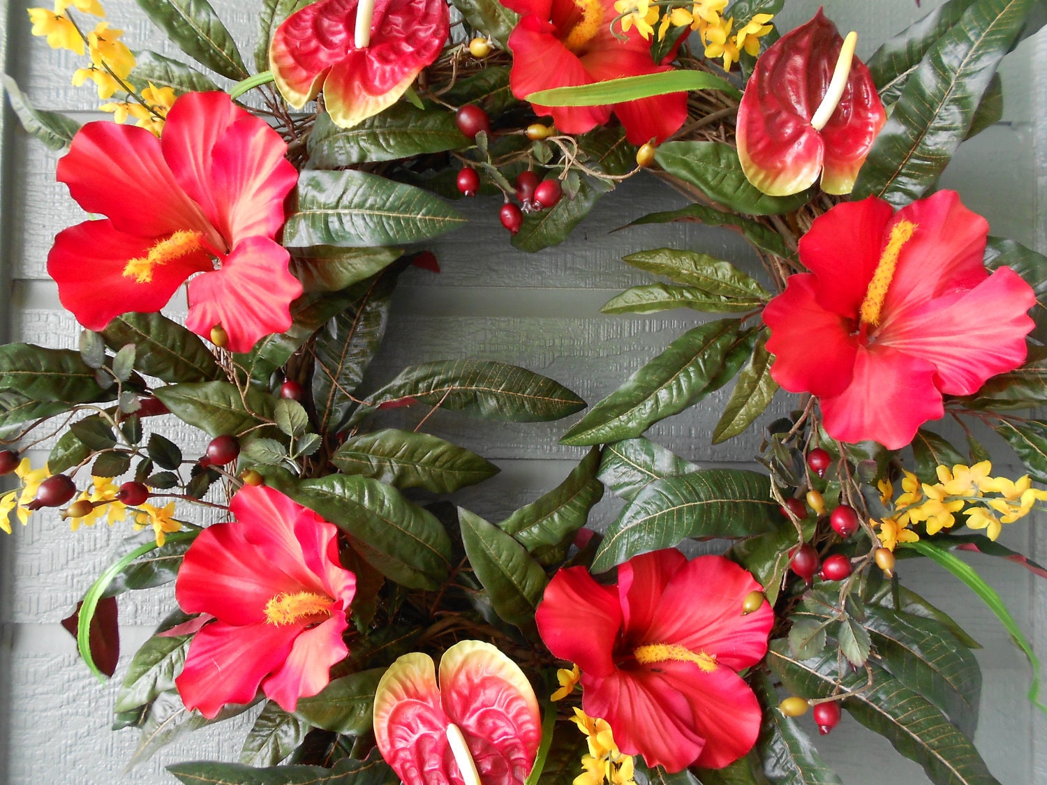 Tropical Wreath In Bright Red Hibiscus and