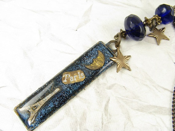 Paris Nights Dark Blue Necklace, Long Chain, Brass Accents, Eiffel Tower