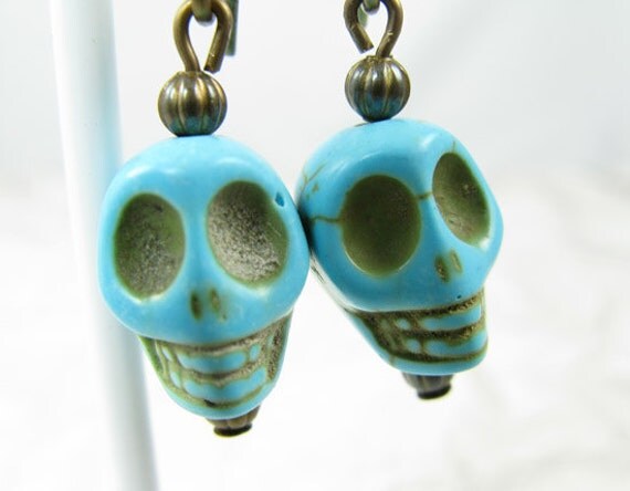 Skull earrings on long brass ear wires, Turquoise Skulls, Blue Skull Earrings