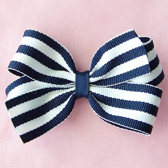 Navy Blue and White Stripe 3 Inch Hairbow by BowsBySugarNSpice