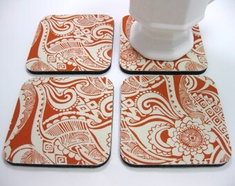Coasters, Fabric Coasters Persimmon Floral Paisley