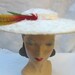 1950's Vintage Fuzzy White Wide Brim Hat with Colorful Feathers