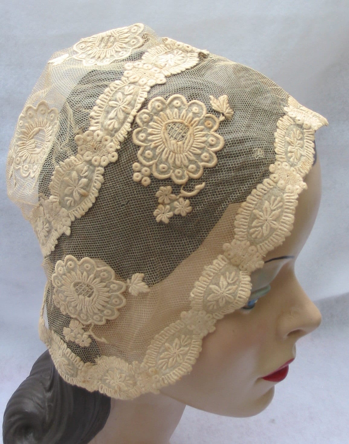 Early Victorian Antique Ayrshire Lace Bonnet Hat 1840's