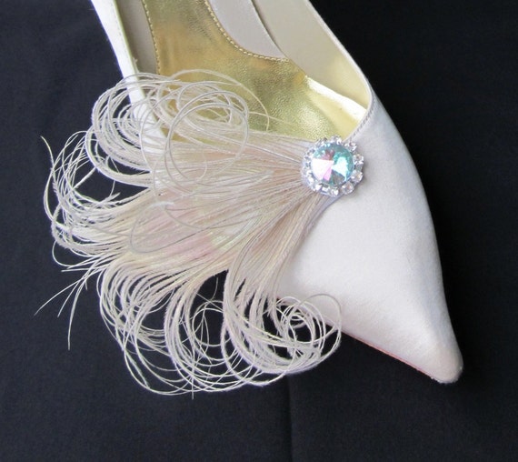 Ivory Peacock Feathers Wedding Shoe Clips by Chuletindesigns