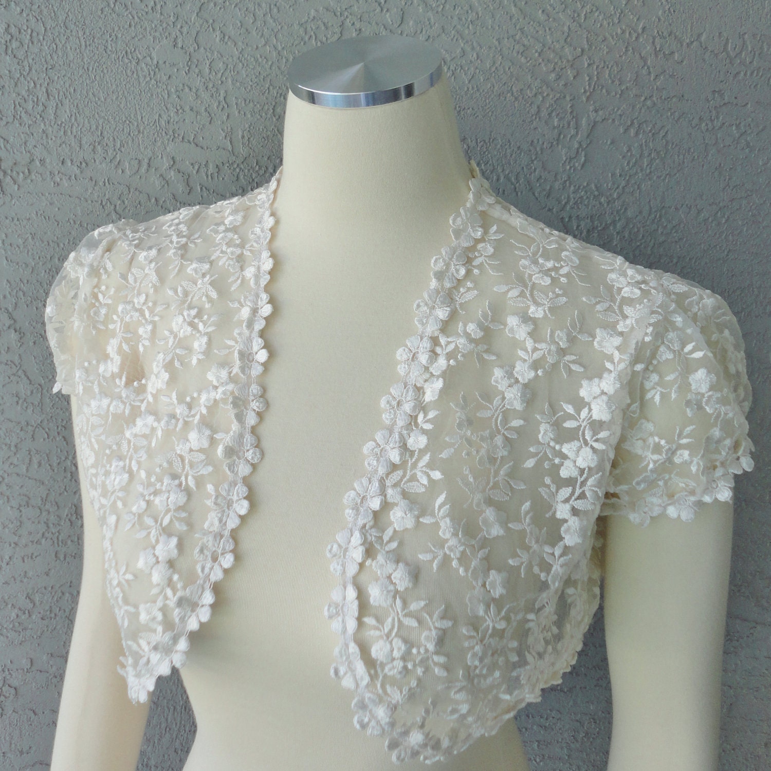 OOAK Wedding Bolero Shrug Ivory Embroidery Silk Lace Only ONE