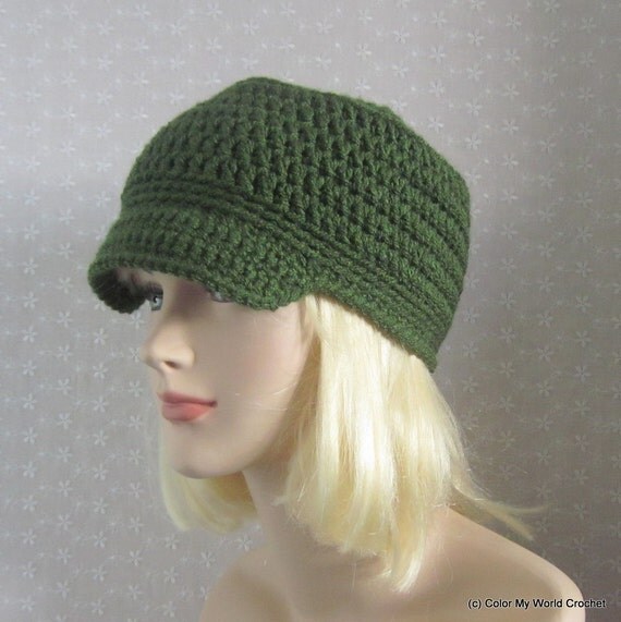 Green Cadet Crochet Hat Womens Military Cap Fall Winter