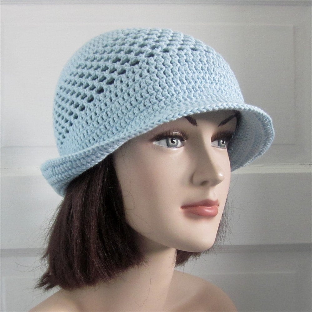 Spring Summer Crochet Hat with Brim Icy Blue