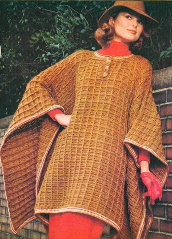 Download Vintage 1970s Raised Stitch Crochet Poncho Pattern PDF 7603