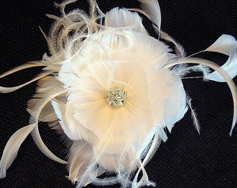 Bridal feather flower fascinator - wedding feather hairpiece- bridal hairpiece