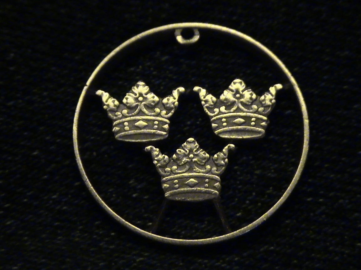 SWEDEN cut coin jewelry 1920 w/ Three Crowns