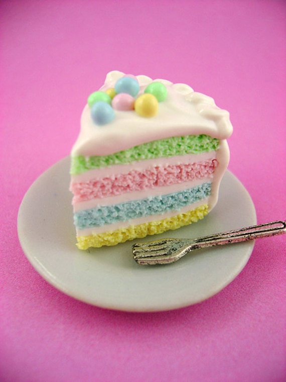 Springtime Soft Pastel Rainbow Cake Slice - Polymer Clay Miniature Food - Pendant / Necklace