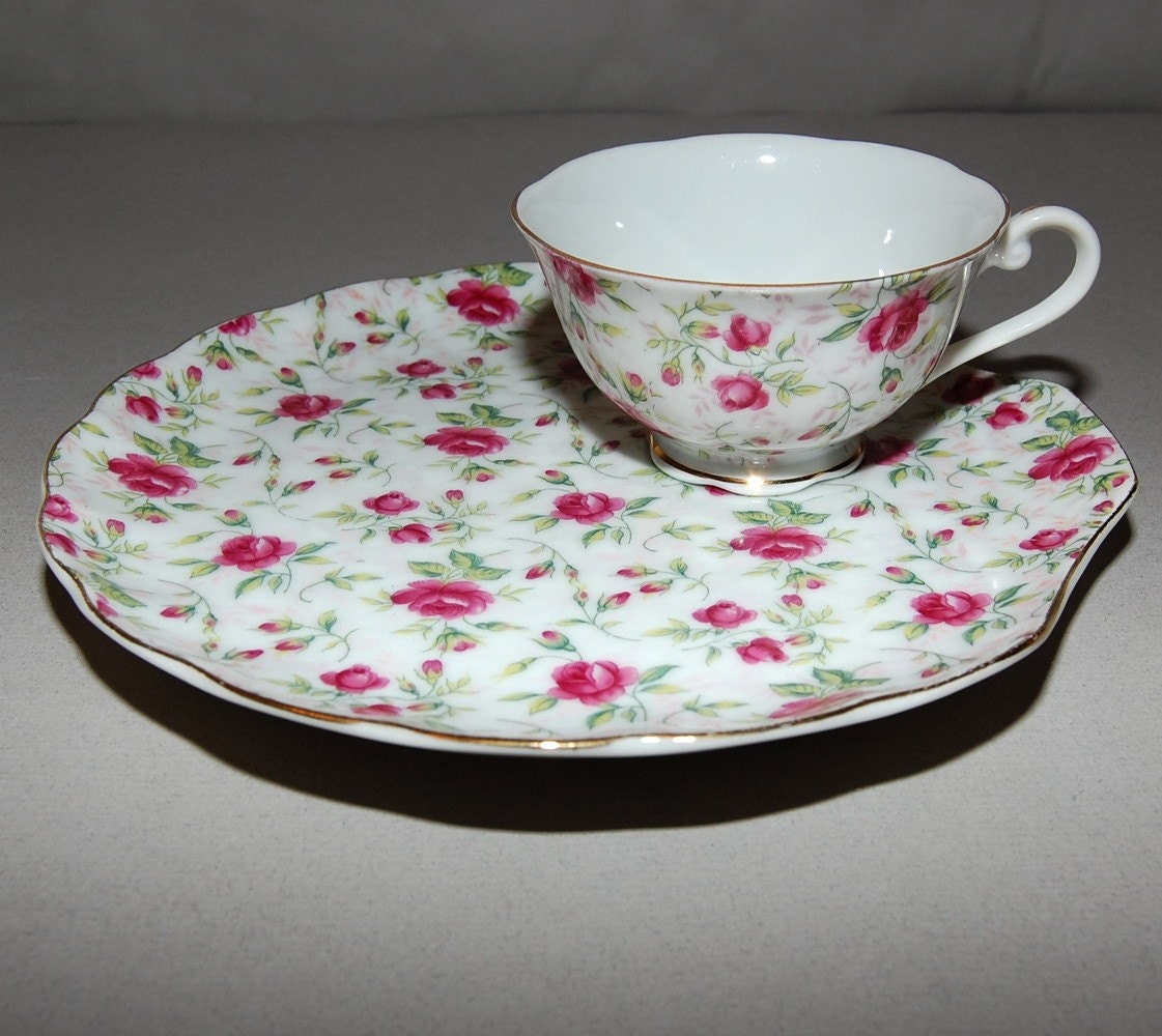 Lefton China Rose Chintz Snack Plate and Cup Set