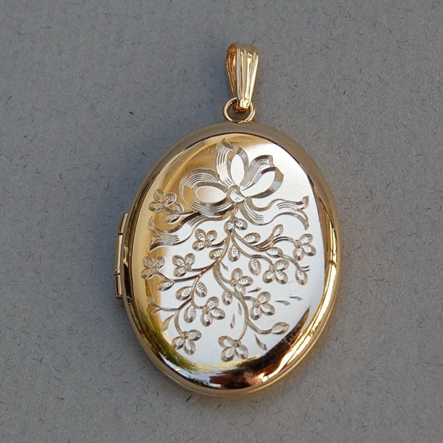 B.A. Ballou Gold Overlay Locket With Engraved Ribbon And