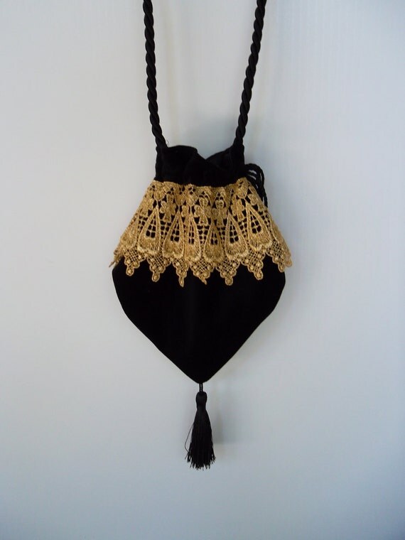 Victorian Bag Black Velvet with Gold Metallic Lace