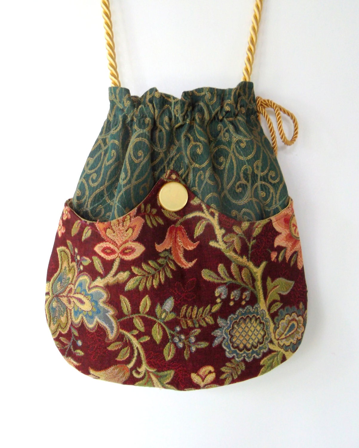 Green Tapestry Pocket Boho Bag Drawstring Bag Bohemian Bag
