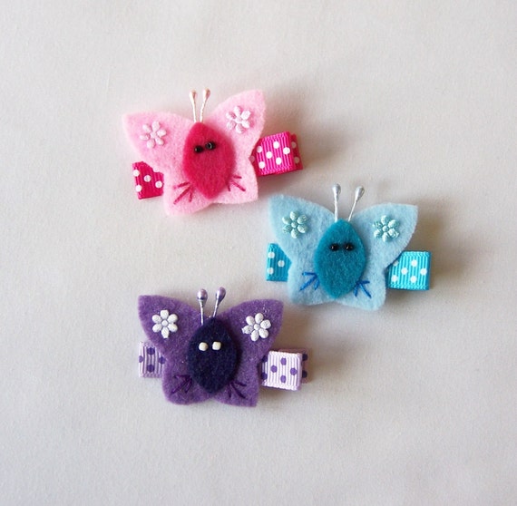 Small Felt Butterfly Hair Clips Set of 3 Clippies Pink