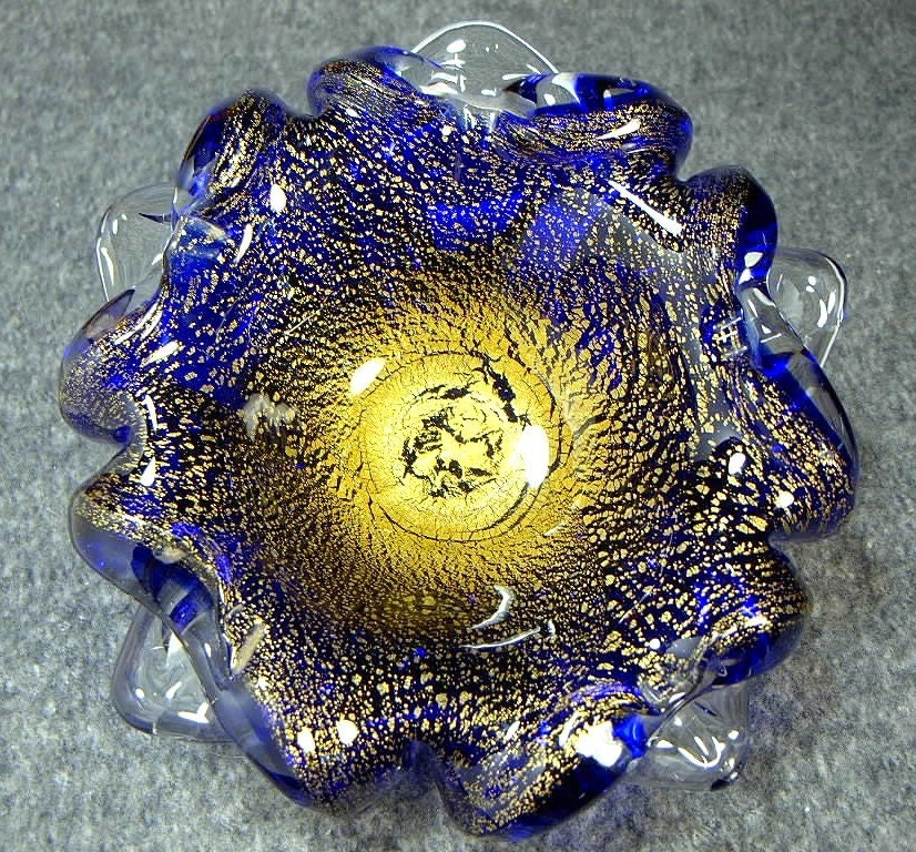 MURANO Italian GLASS Bowl blue with gold flecks by vintagevasso
