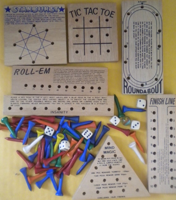 7 Vintage Wood Peg Games and pegs/dice