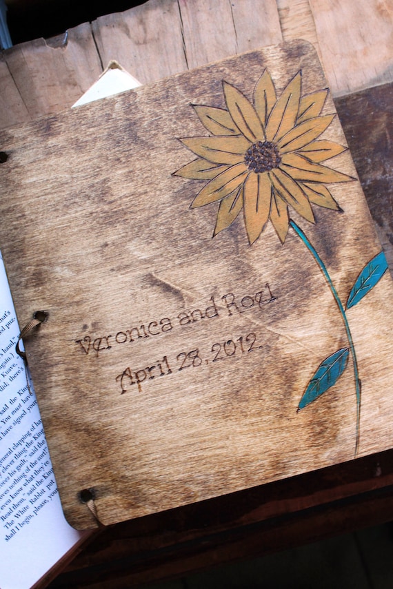 Custom Woodburned Wedding Guest Book - Sunflower - Rustic Wedding - Farm Wedding by LazyLightningArt