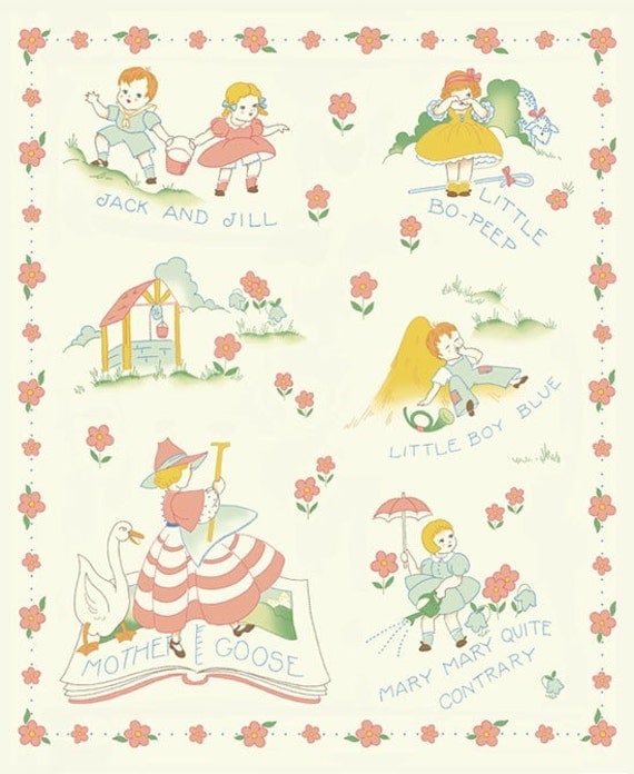 1930s Nursery Rhyme Quilt Panel Little Bo Peep more Fabric