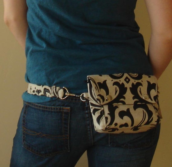 Items similar to Convertible Hip Pouch Linen Black Damask on Etsy