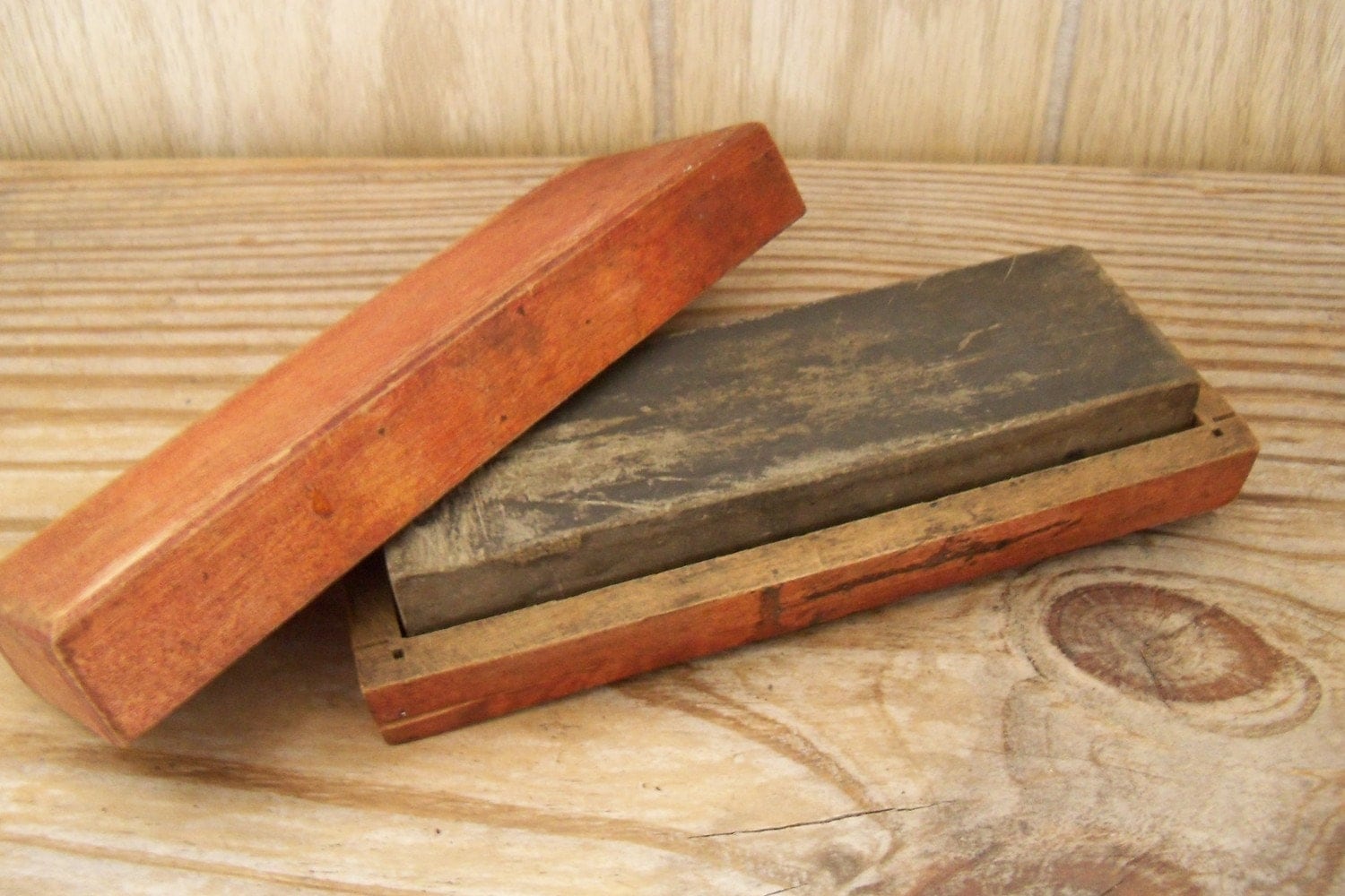 Antique Hone Sharpening Stone Wood Box