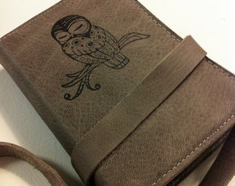 small leather journal/sketchbook hand-printed custom for you sleepy owl