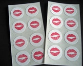 Kissy Lip Valentine Stickers - 1 inch Round, Red, Handmade, Smooch, Set of 16 Il_170x135