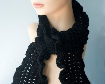 Black Ruffled Scarf, Hand Crocheted Scarf, Women's Scarf, Vegan, Ruffle Scarf