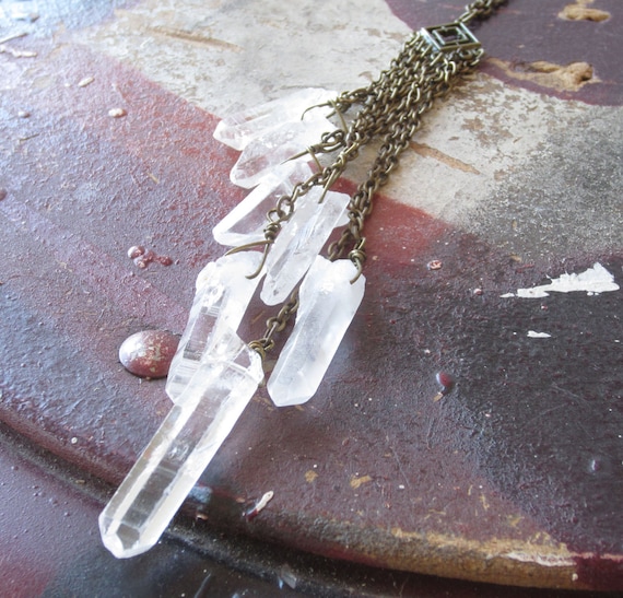 Long Rustic Boho Multi Quartz Crystal Spear Fringe Necklace