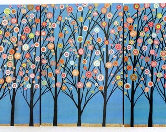 Triptych Painting, Abstract painting, Triptych Art, Triptych Wall Art, Tree Landscape Painting, Blue Trees Collage Painting, Wood Art Block