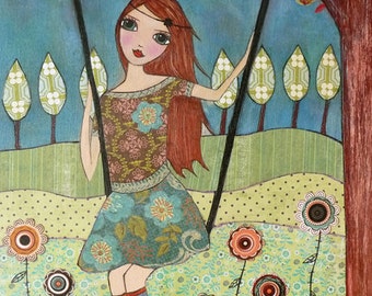 Folk Art Girl Painting Art Print on Wood Whimsical Art