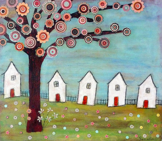 Whimsical Houses Landscape Painting Folk Art Print on Wood