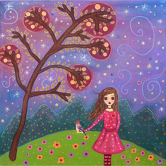 Cute Fairytale Girl with Bird Painting Art Print