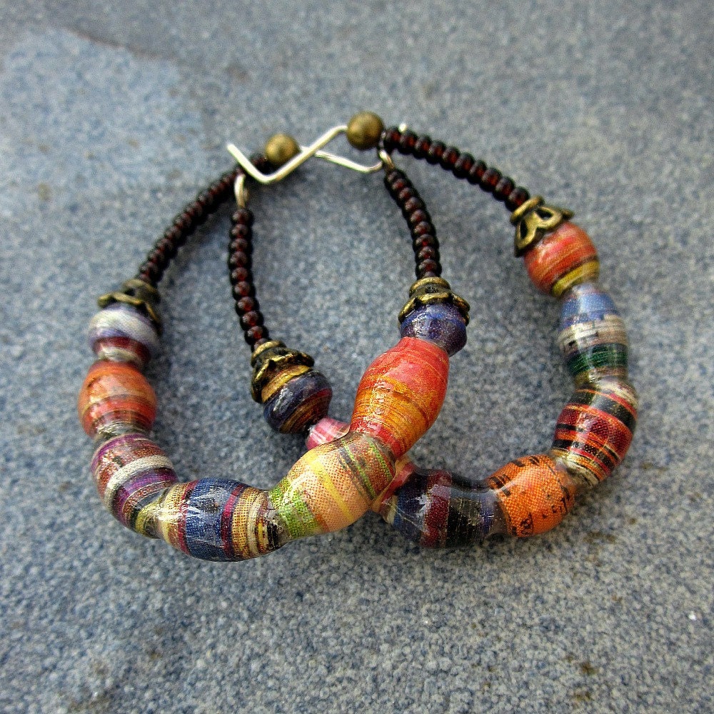 Beaded Hoop Earrings with Handmade Paper Beads Cindall