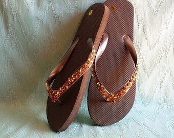 Flip Flops, Chocolate Brown Flip Flops with Beaded and Sequin Trim in ...