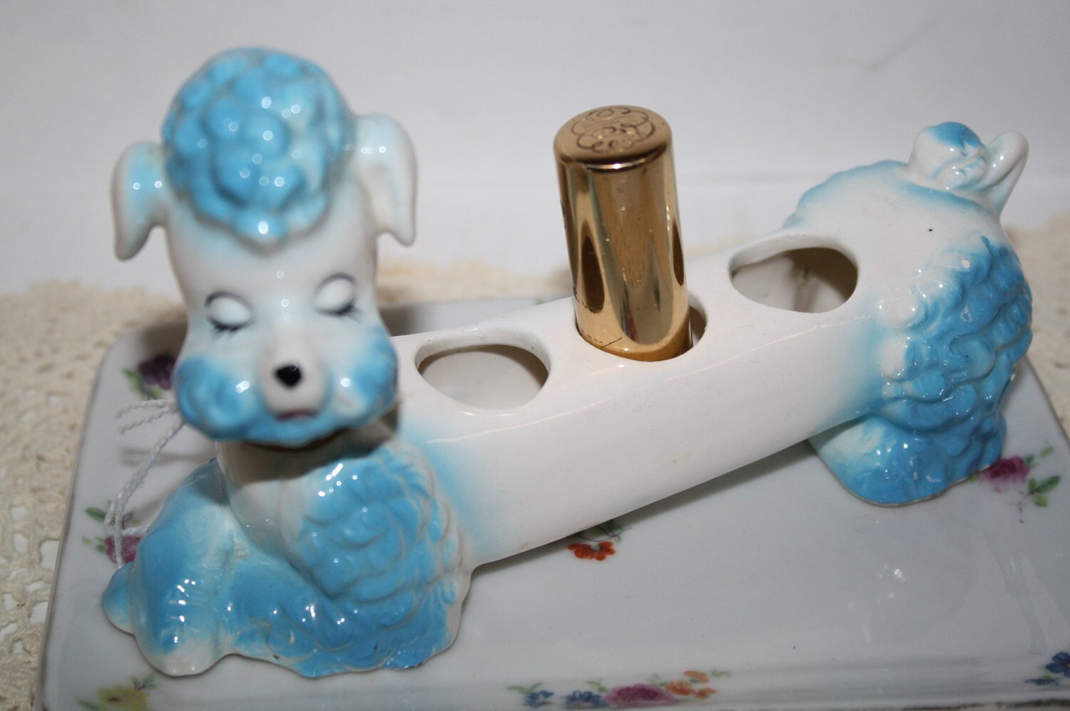 50s IRICE SLeeping Blue POODLE Lipstick Holder & 60s Tube of