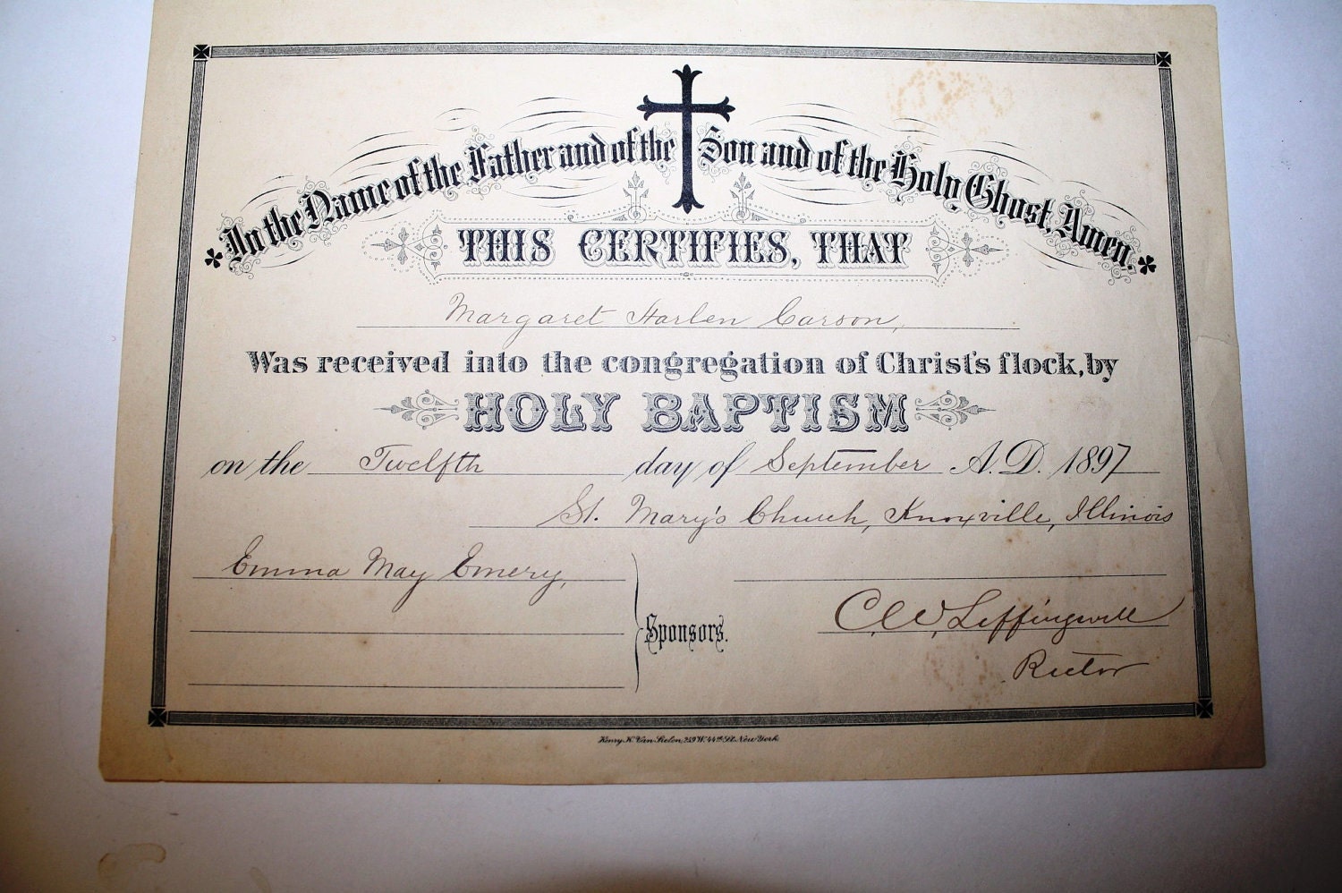 Antique 1897 Holy Baptism Certificate of MARGARET Harlen