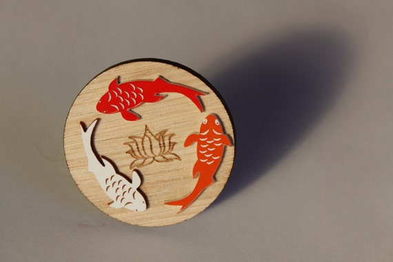 Wooden Red, Orange, White Koi Brooch - "Koi Dreams"