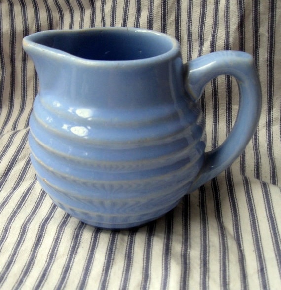 Vintage Blue Pottery Pitcher For Syrup Cream Or Vase